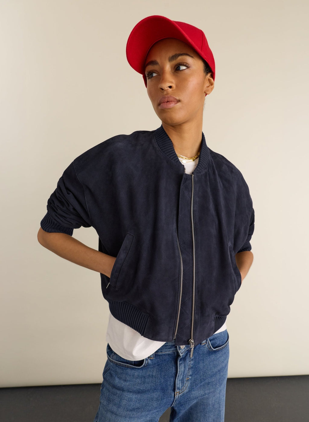 Quinn Suede Cropped Bomber Jacket - Classic Navy Baukjen