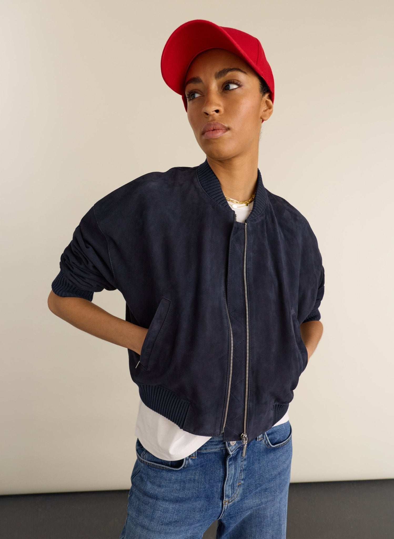 Quinn Suede Cropped Bomber Jacket - Classic Navy Baukjen