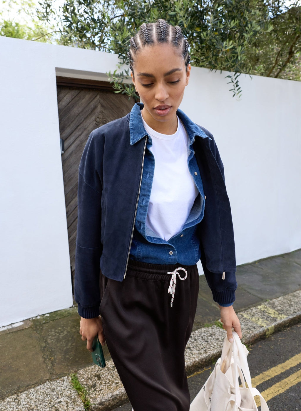 Quinn Suede Cropped Bomber Jacket - Classic Navy Baukjen