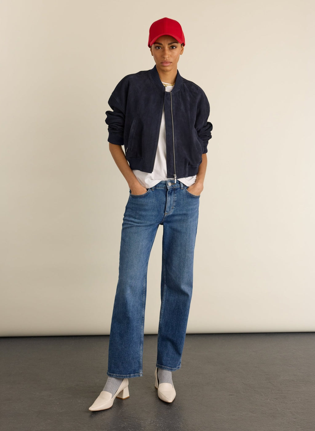 Quinn Suede Cropped Bomber Jacket - Classic Navy Baukjen