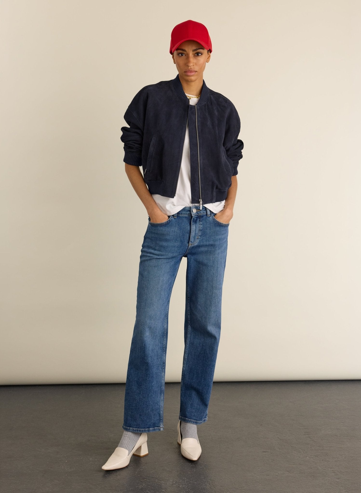 Quinn Suede Cropped Bomber Jacket - Classic Navy Baukjen