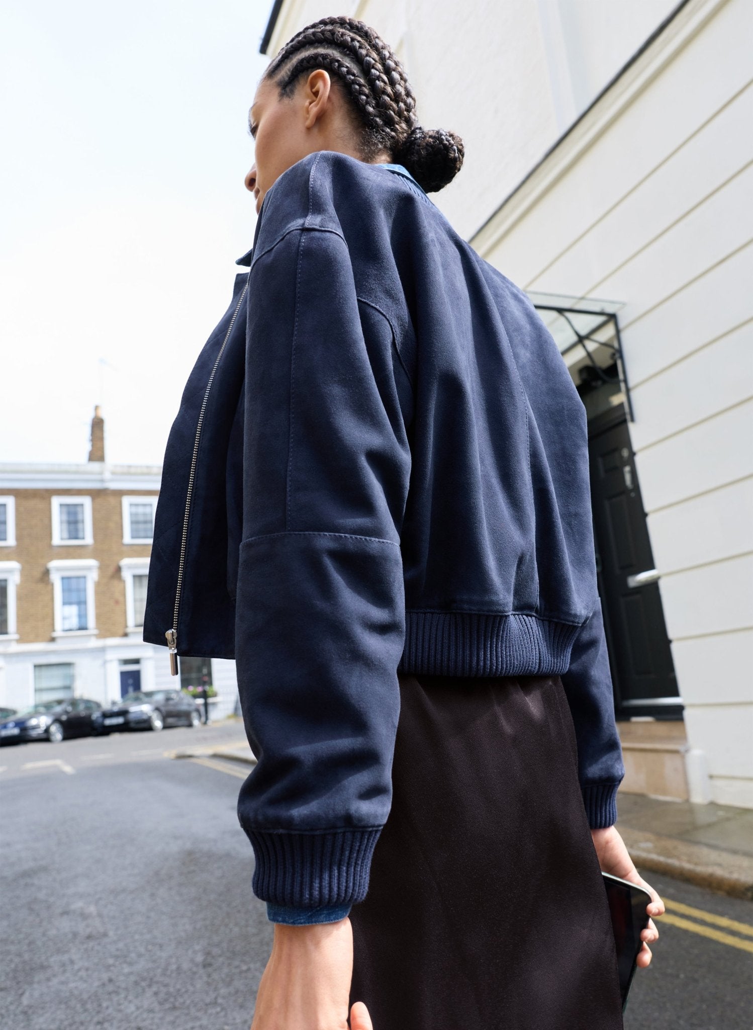 Quinn Suede Cropped Bomber Jacket - Classic Navy Baukjen