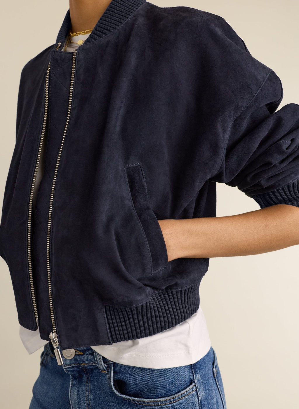 Quinn Suede Cropped Bomber Jacket - Classic Navy Baukjen