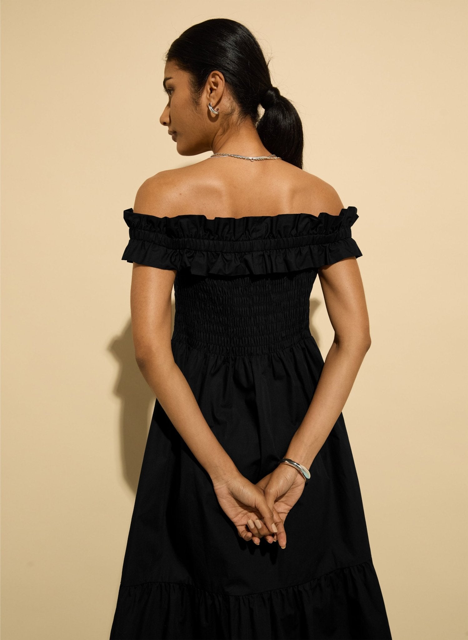 Rafaella Organic Cotton Off Shoulder Midi Dress - Caviar Black | Baukjen Rafaella Organic Cotton Off Shoulder Midi Dress - Caviar Black | Baukjen