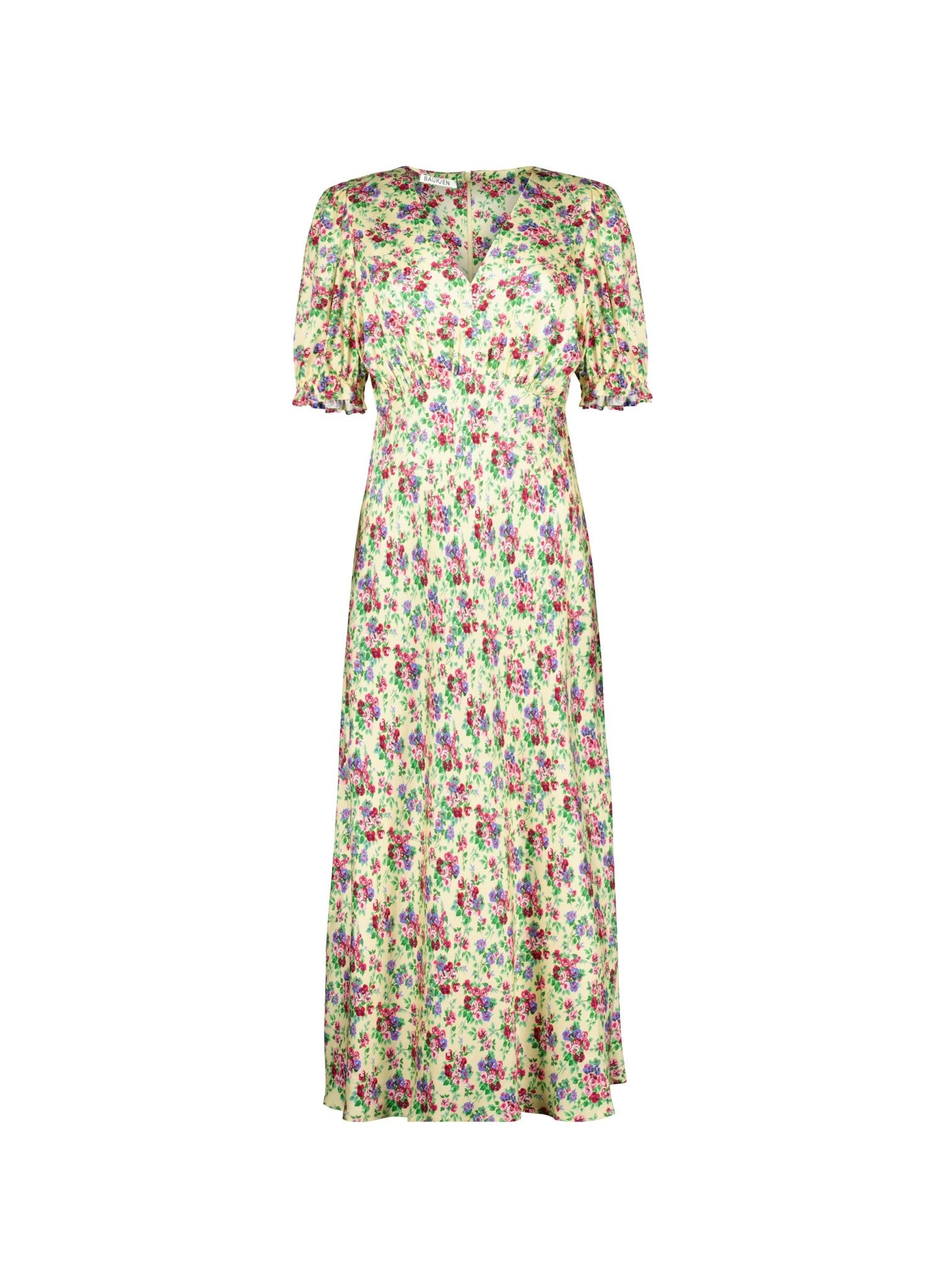 RENT - Lottie Satin Midi Tea Dress - Butter Floral Baukjen