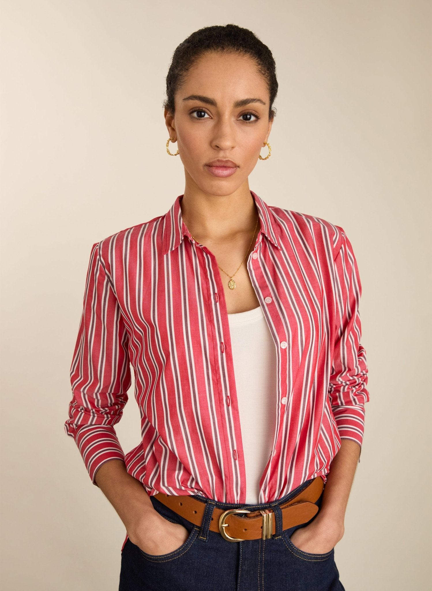 Rishma Organic Cotton Stripe Shirt - Crimson, Garnet & White Stripe Baukjen