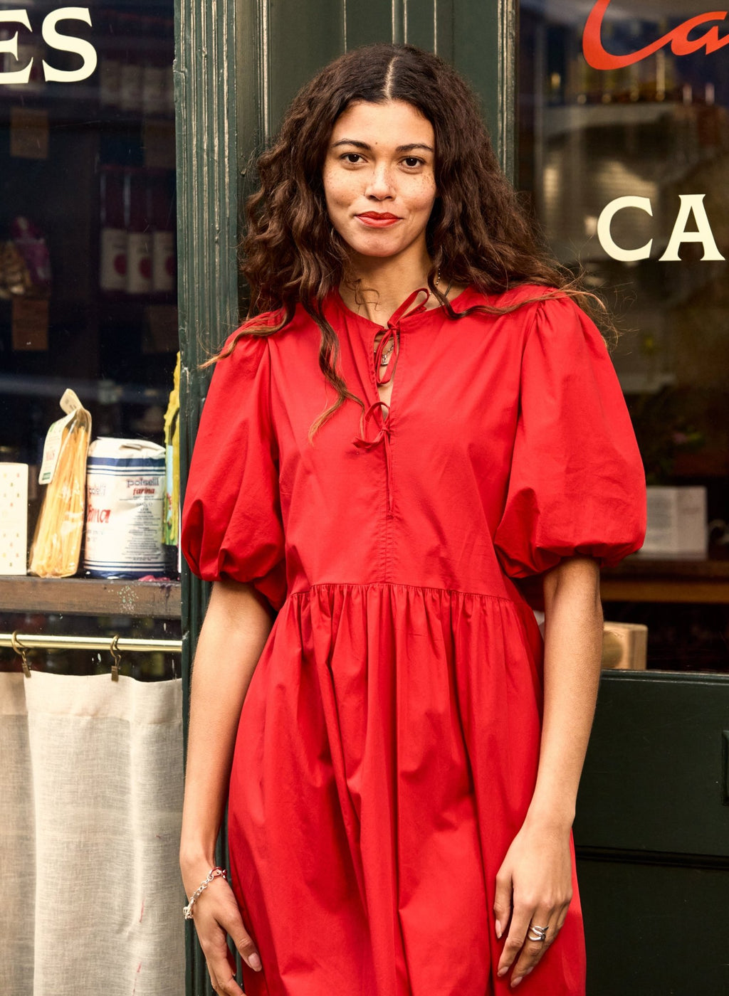 Rose Organic Cotton Tie Midi Dress - Crimson Red Baukjen