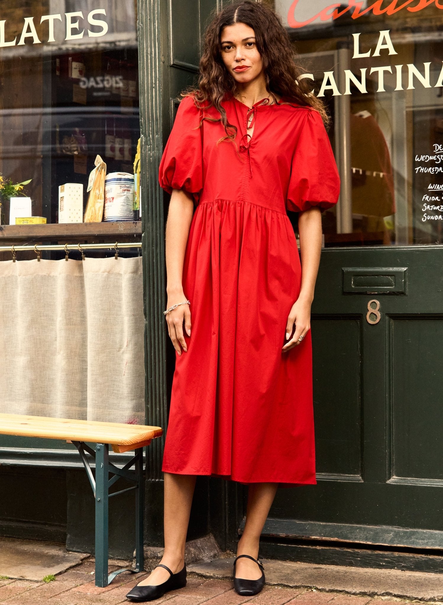 Rose Organic Cotton Tie Midi Dress - Crimson Red Baukjen