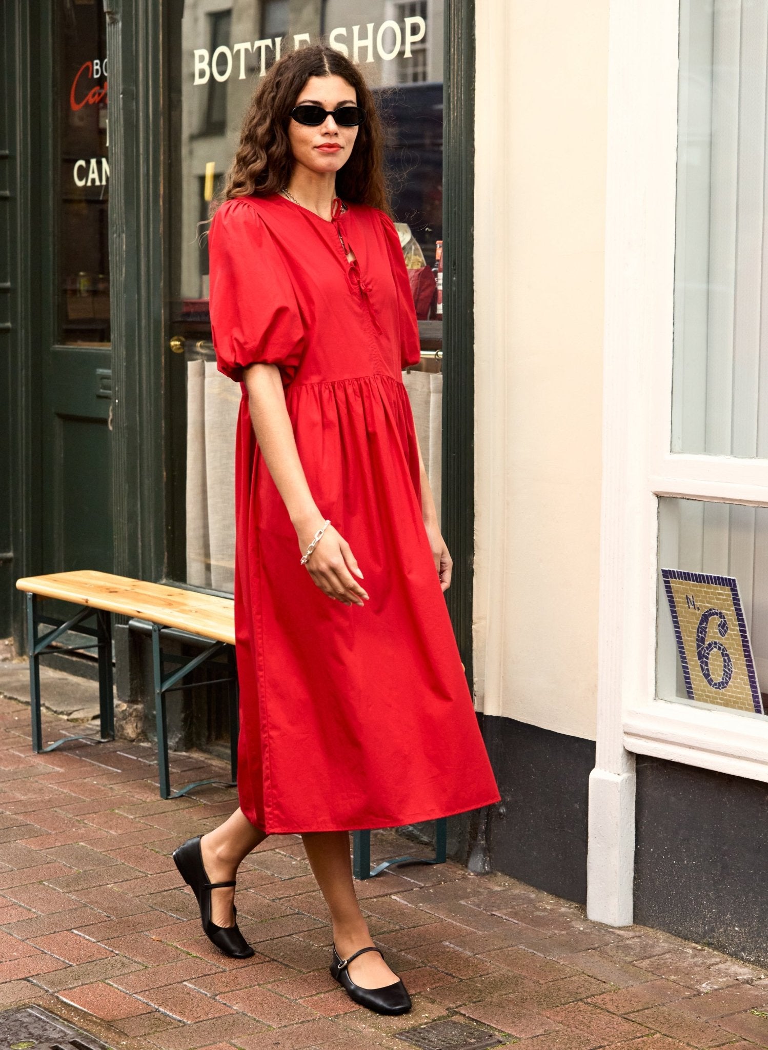 Rose Organic Cotton Tie Midi Dress - Crimson Red Baukjen