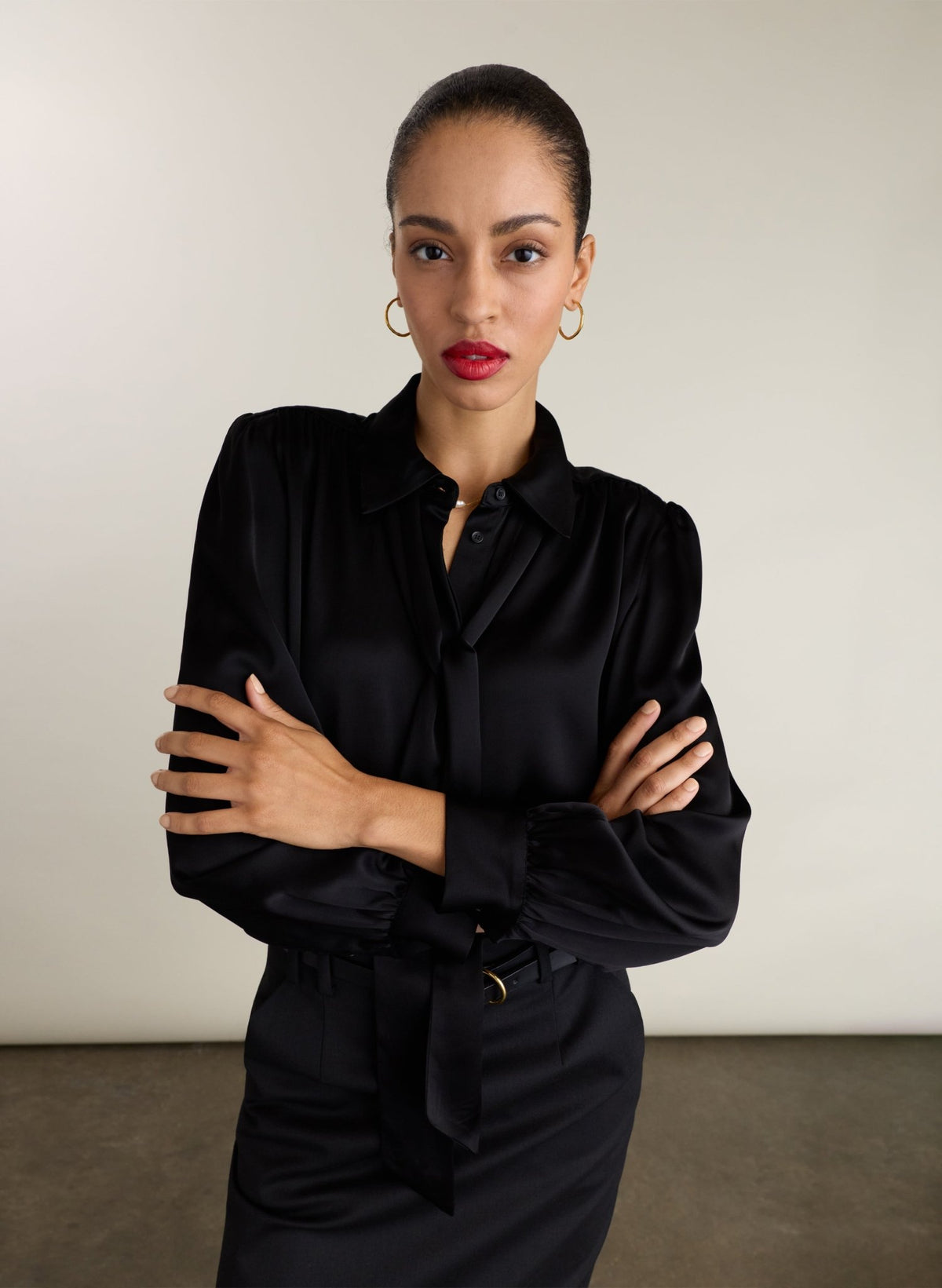 Roxy Satin Tie Blouse - Black Baukjen