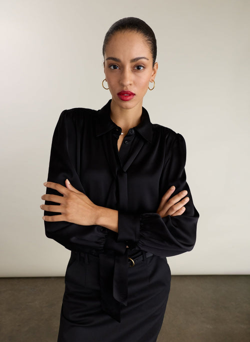 Roxy Satin Tie Blouse - Black Baukjen