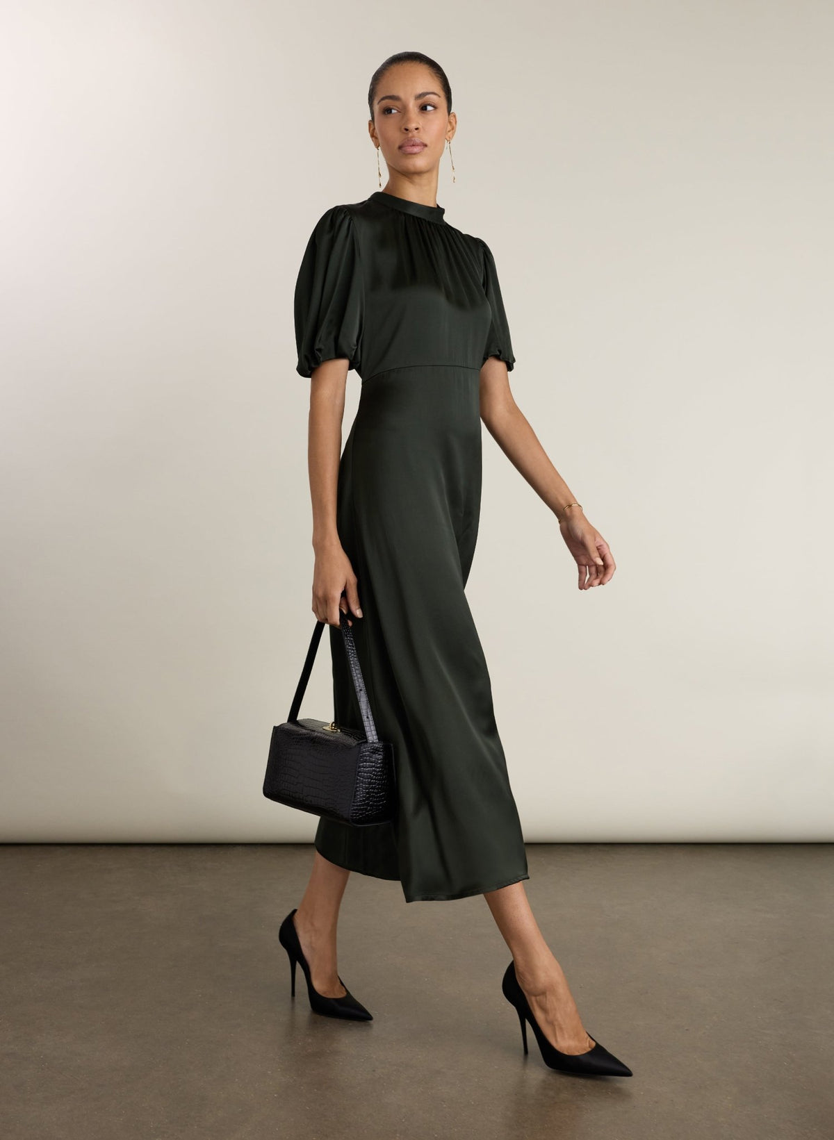Saphy Satin Midi Dress - Khaki Baukjen