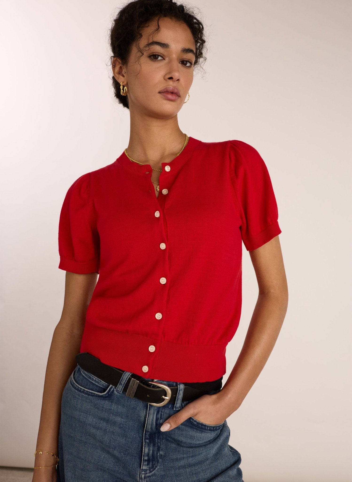 Sasha Organic Cotton Short Sleeve Cardigan - Crimson Red Baukjen