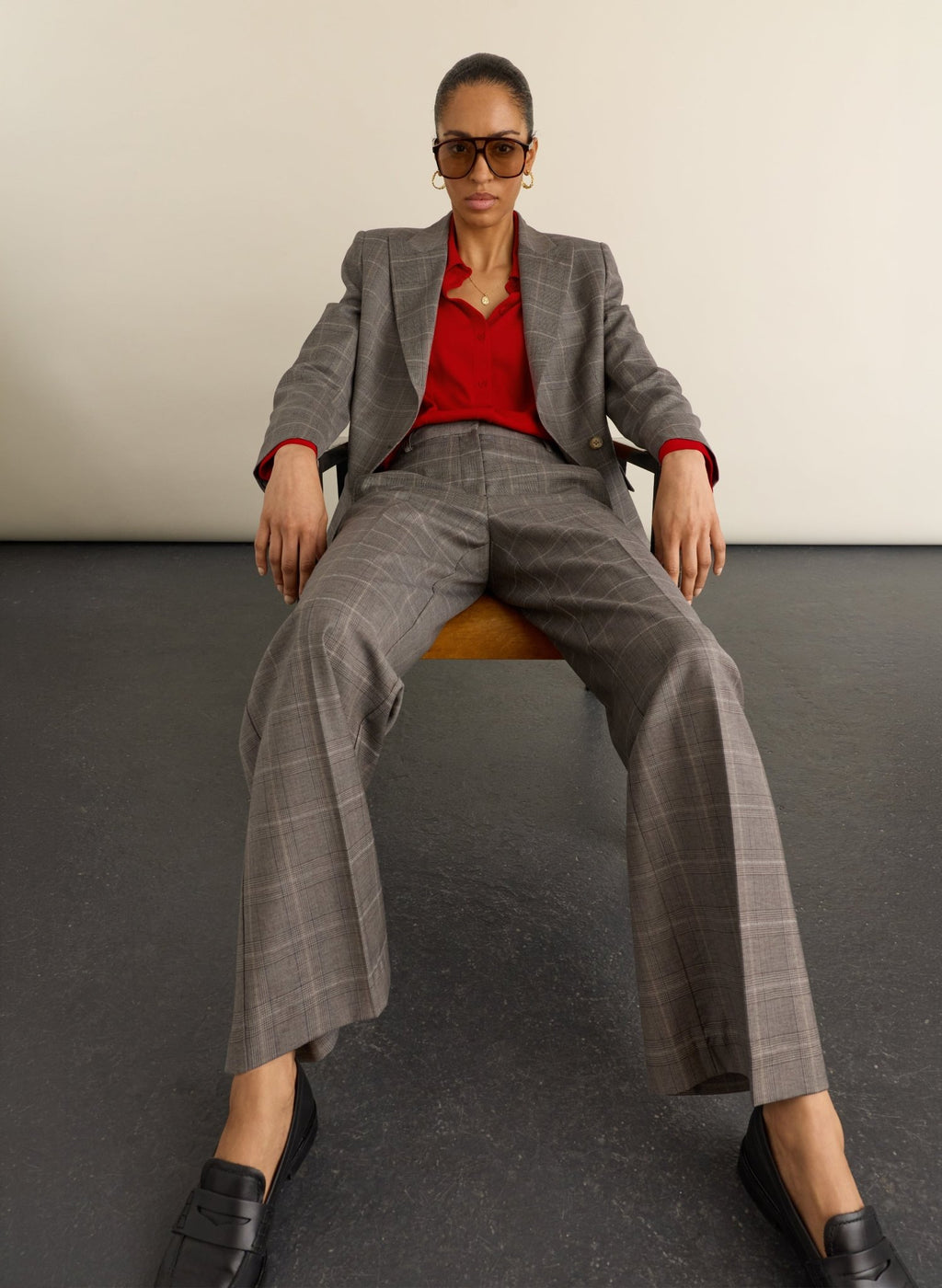 Sian Wide Leg Wool Trousers - Grey Check Baukjen