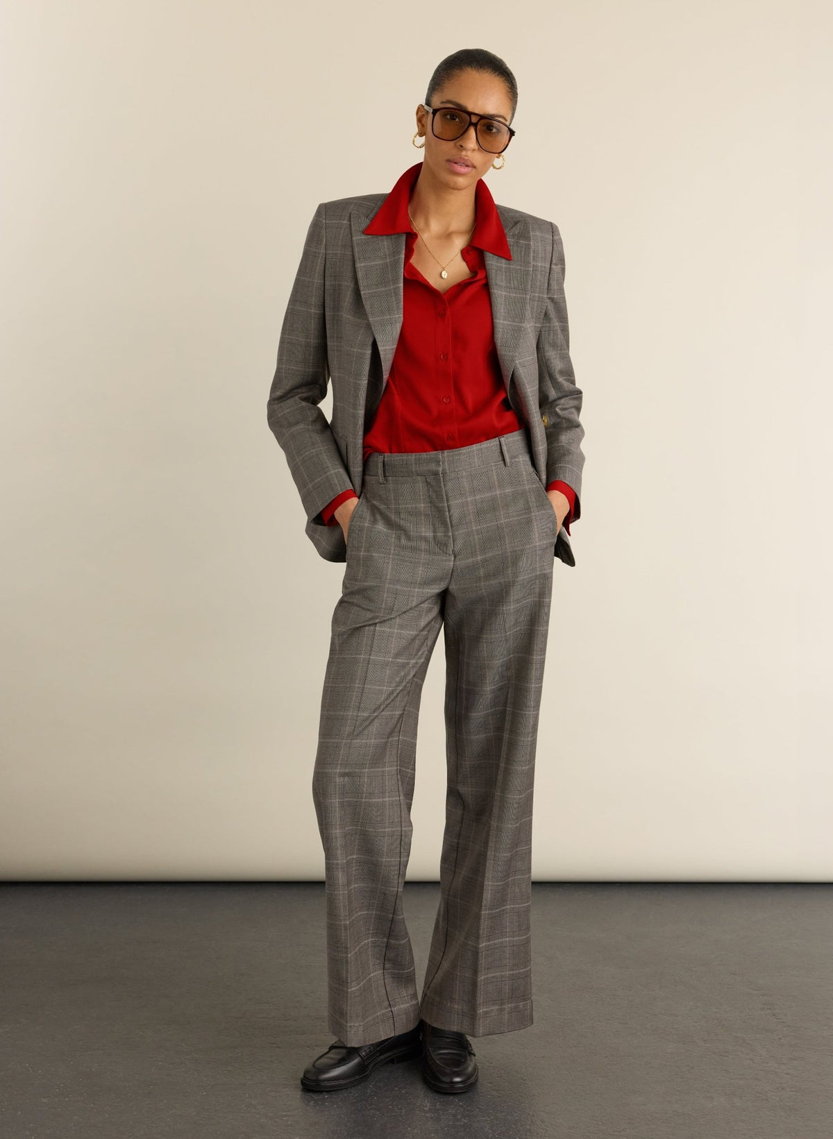 Sian Wide Leg Wool Trousers - Grey Check Baukjen
