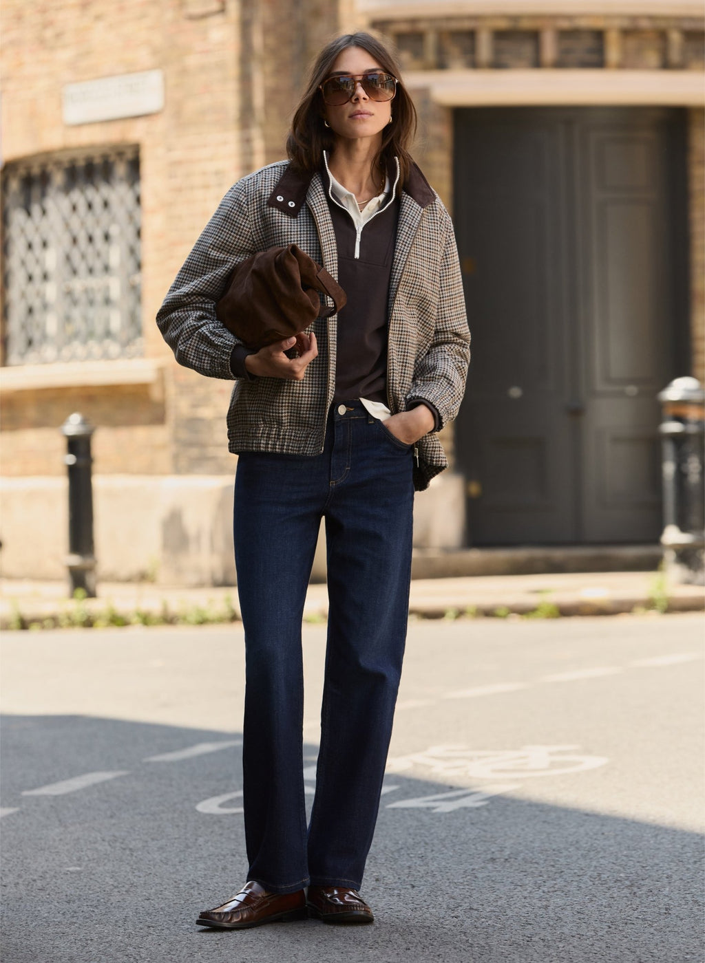 Sibel Wool Blend Tailored Bomber - Neutral Puppytooth Check Baukjen