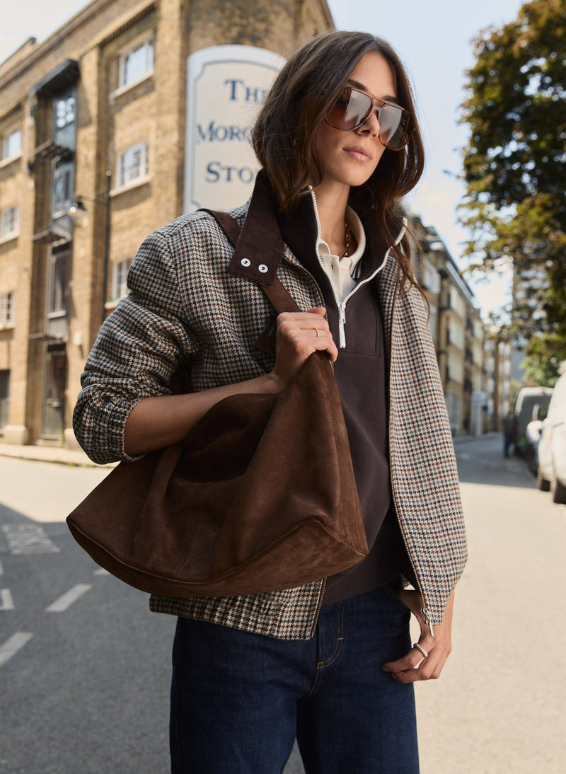 Sibel Wool Blend Tailored Bomber - Neutral Puppytooth Check Baukjen