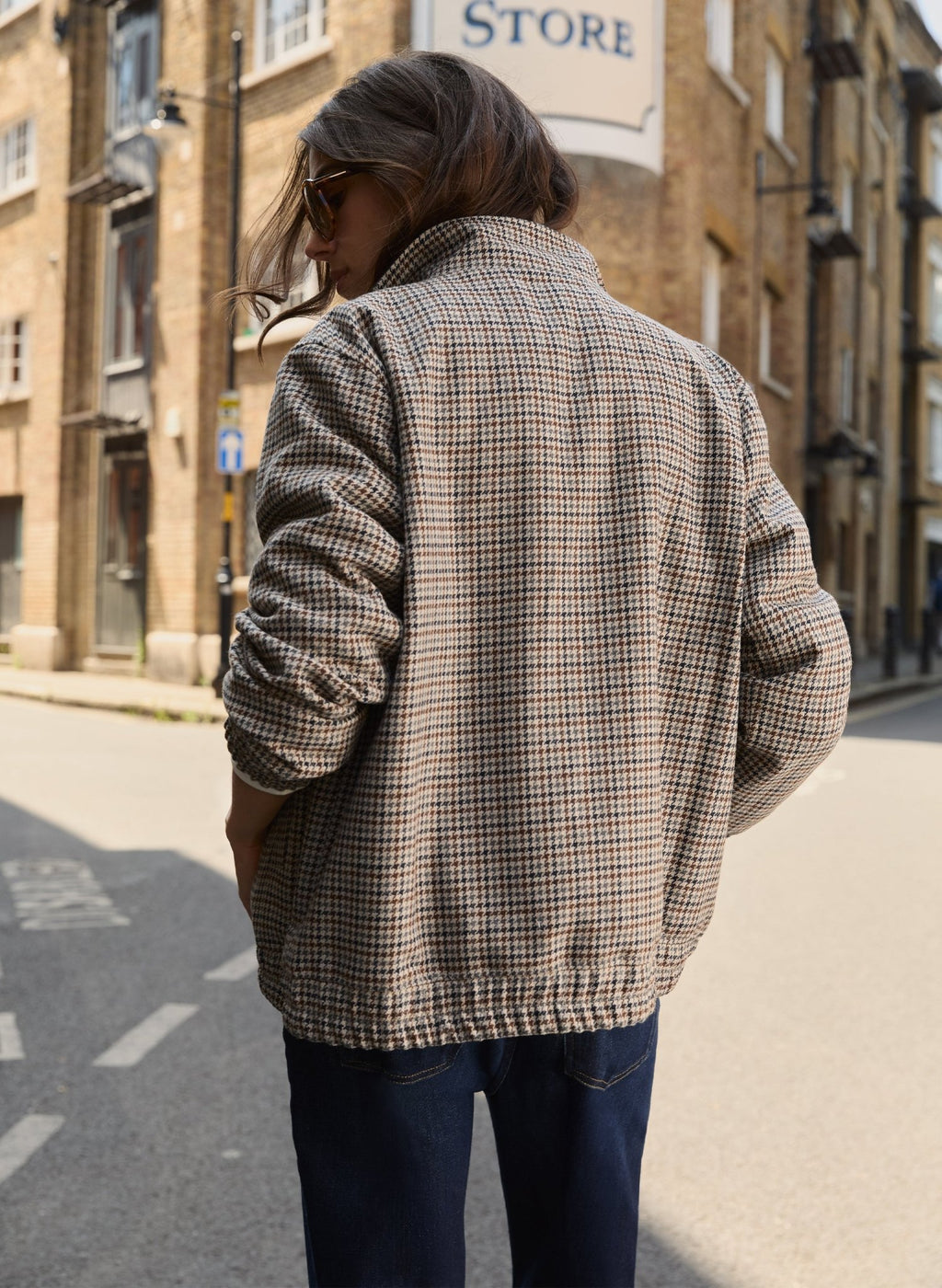 Sibel Wool Blend Tailored Bomber - Neutral Puppytooth Check Baukjen
