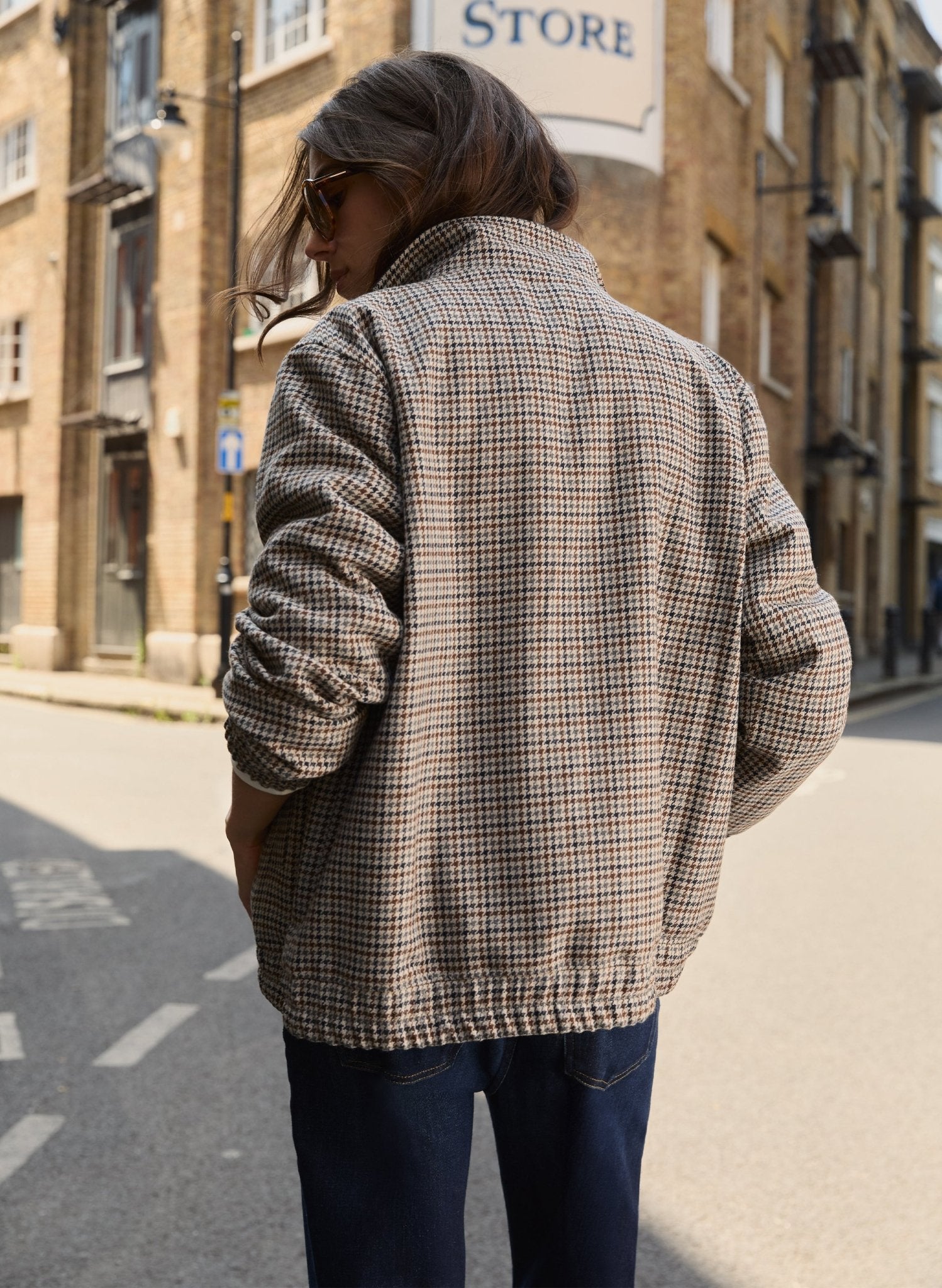 Sibel Wool Blend Tailored Bomber - Neutral Puppytooth Check Baukjen