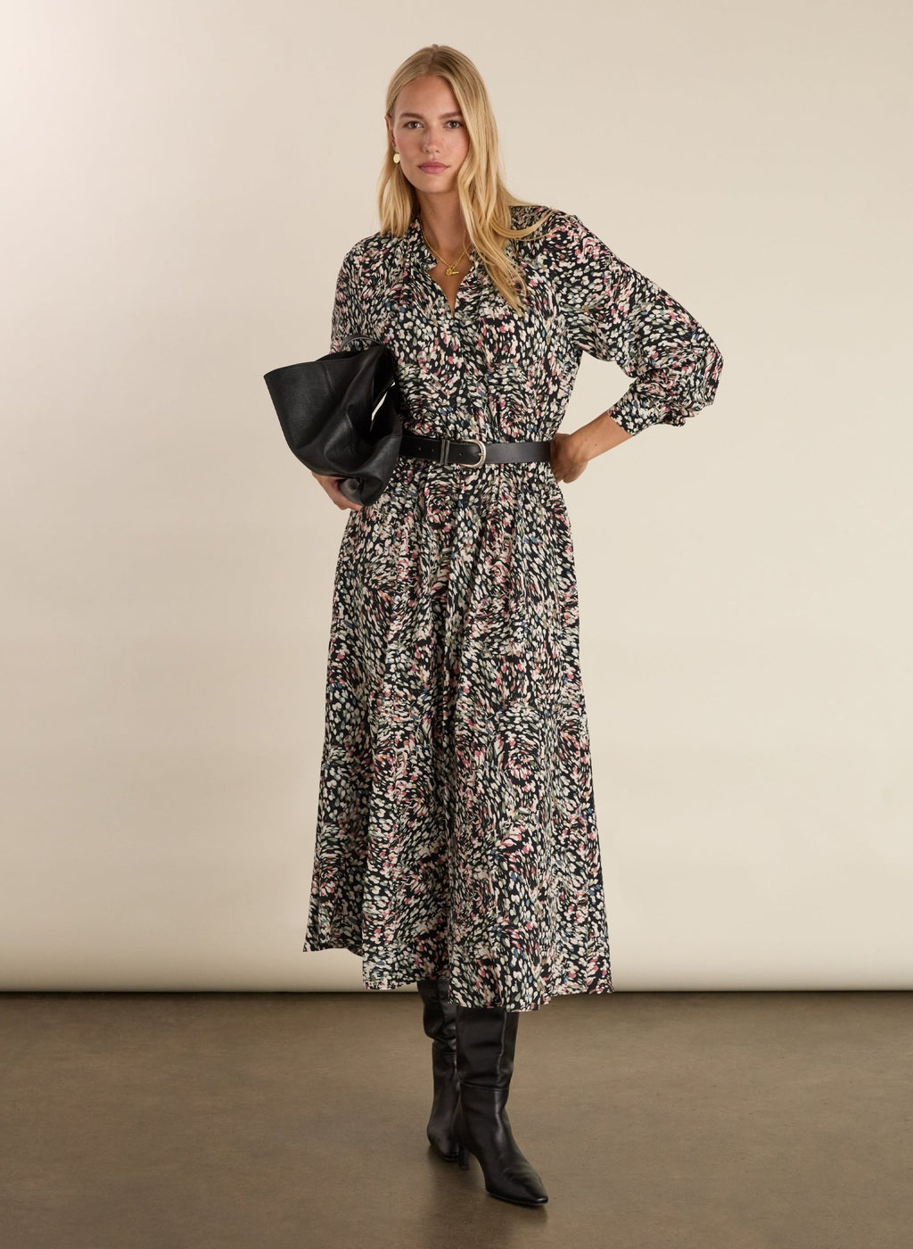 Susannah Printed Midi Dress - Black Whirlpool Baukjen