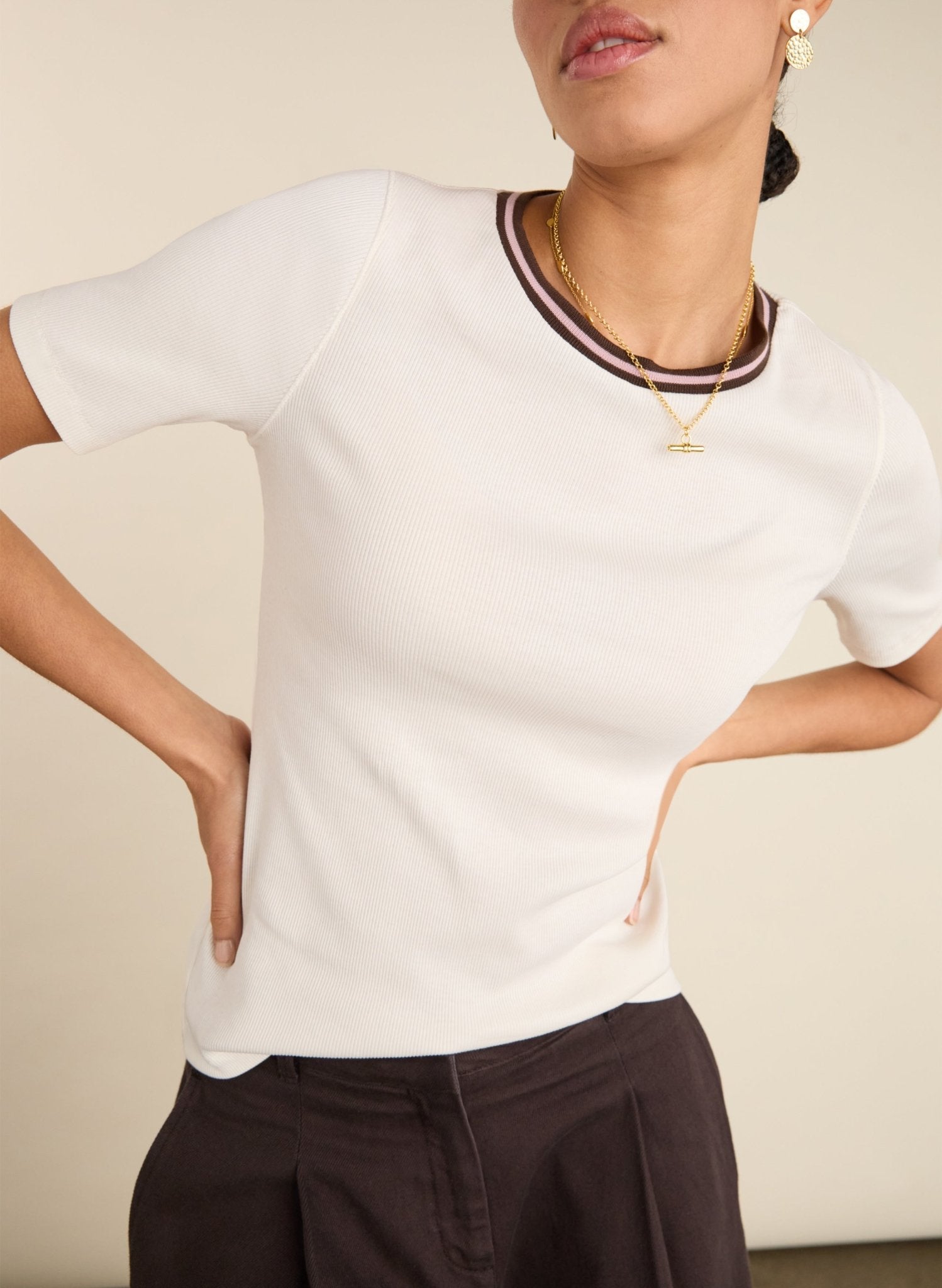 Sylvie Organic Cotton Rib Crew Neck Tee - Cream Baukjen