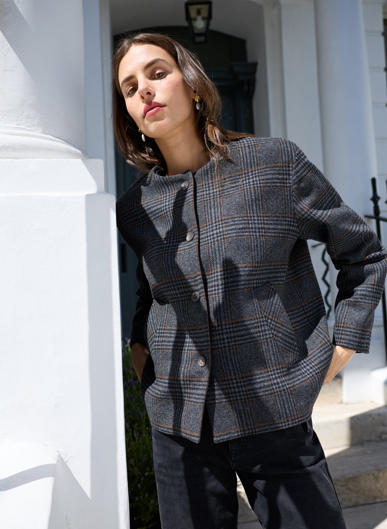 Tess Check Scarf Coat - Grey Check Baukjen