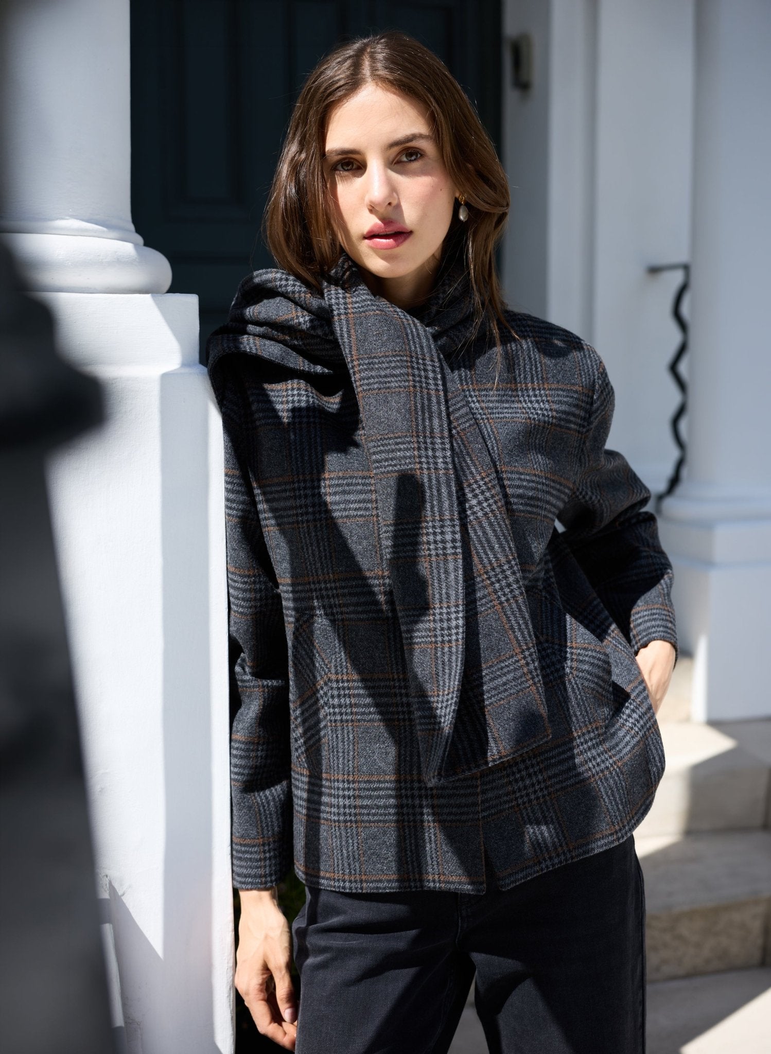 Tess Check Scarf Coat - Grey Check Baukjen