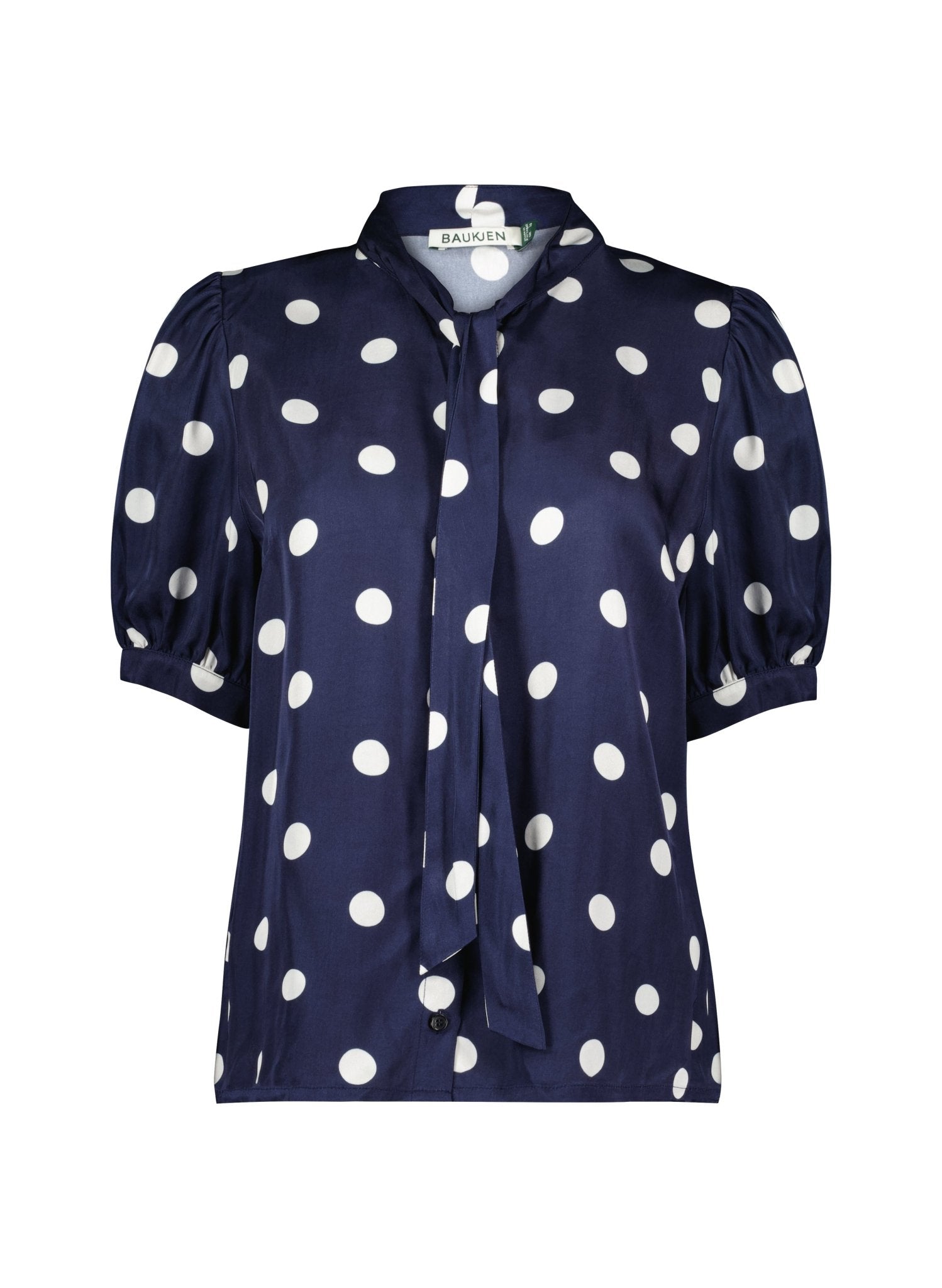 Violette Satin Blouse - Navy Big Polka Baukjen