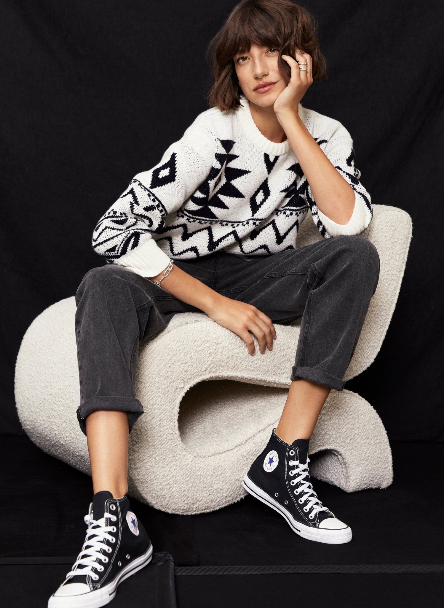 Zhuri Recycled Wool Blend Jumper - Antique White & Caviar Black Baukjen