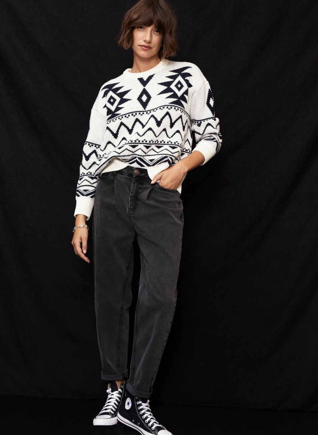 Zhuri Recycled Wool Blend Jumper - Antique White & Caviar Black Baukjen