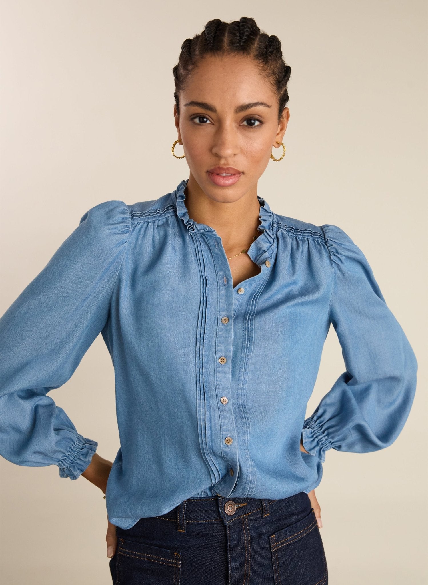 Zoe Frill Neck Blouse - Mid Indigo | Baukjen
