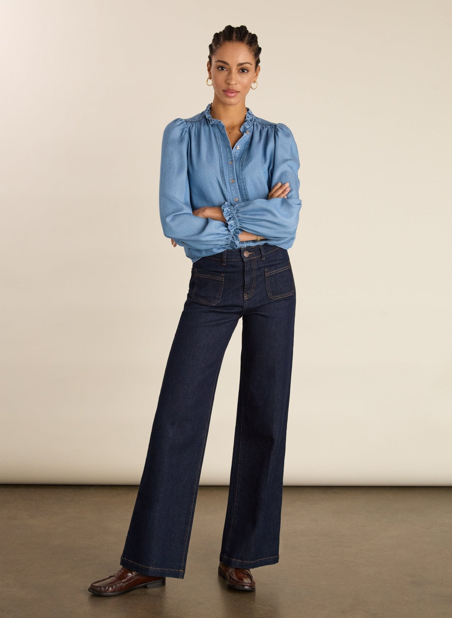 Zoe Frill Neck Blouse - Mid Indigo Baukjen